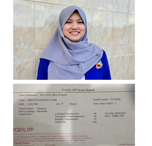 Aqiilah Ramadina Amir Peraih Score TOEFL ITP Tertinggi di Universitas Bina Darma Capai Skor 650