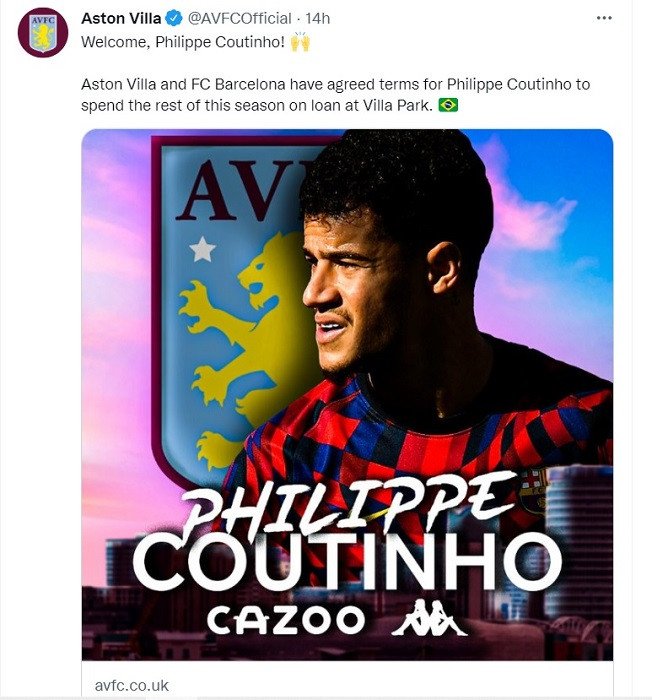 Aston Villa Resmi Datangkan Philippe Coutinho