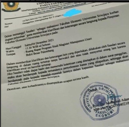 Isi Surat Pemanggilan oleh Pihak Universitas Sriwijaya Memberatkan Mahasiswi Terduga Korban Pelecehan!