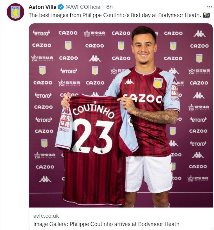 Philippe Coutinho Resmi Bergabung ke Aston Villa